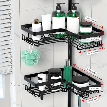 Un robusto e alto ripiano angolare per il bagno, un ripiano angolare regolabile per la doccia che non richiede foratura, dotato di un rack portaoggetti nero a 4 ripiani resistente alla ruggine, ideale per organizzare le aree angolari della doccia - Perfet