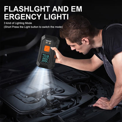 Avviatore di emergenza per auto 8500A con compressore d'aria, pompa di gonfiaggio per pneumatici senza fili, booster per batteria con power bank e torce LED, doppio display della pressione dell'aria