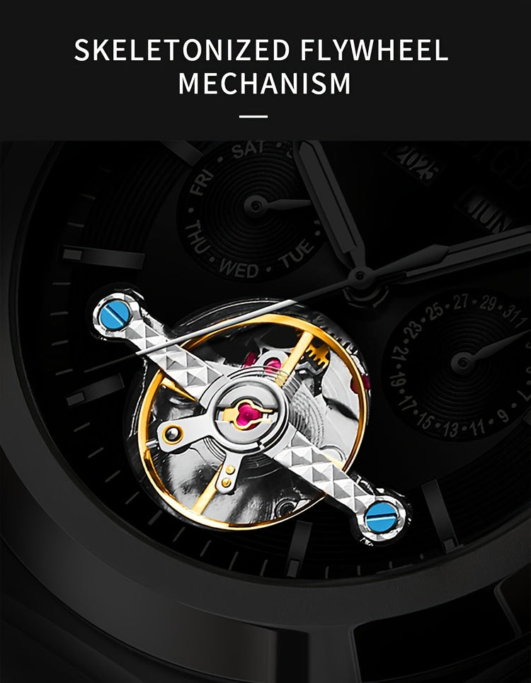 Orologio da uomo elegante automatico meccanico con cinturino in acciaio inossidabile, con funzioni business e sportive, display multipli, calendario, lancette luminose e design scheletrato. Un regalo perfetto per uomo.