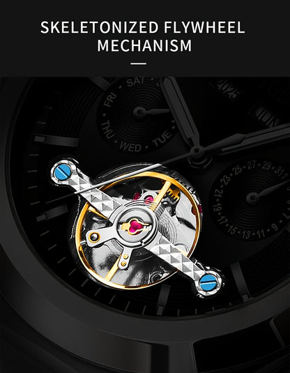 Orologio da uomo elegante automatico meccanico con cinturino in acciaio inossidabile, con funzioni business e sportive, display multipli, calendario, lancette luminose e design scheletrato. Un regalo perfetto per uomo.