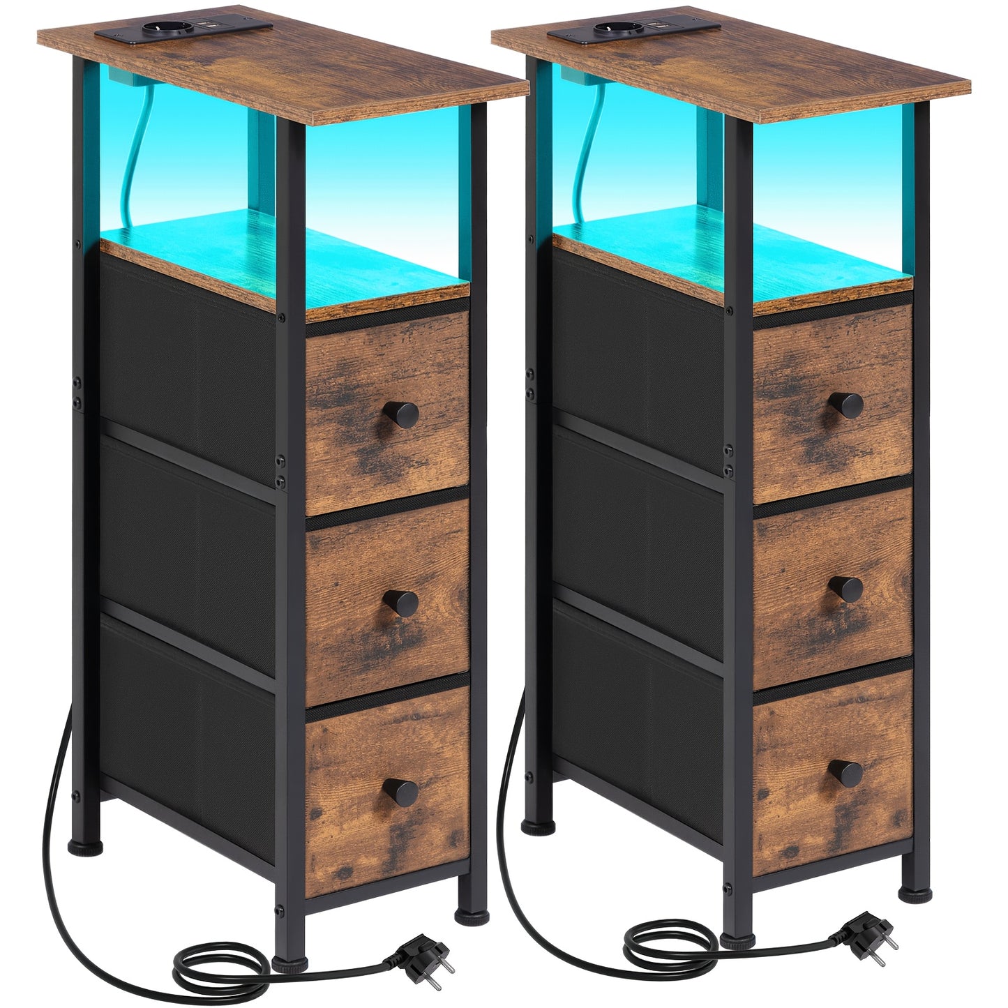 AMHANCIBLE 2 Pezzi Tavolino Stretto con 3 Cassetti in Tessuto, Scaffale Aperto con Striscia LED e Stazione di Ricarica per Spazi Piccoli, Struttura in Metallo