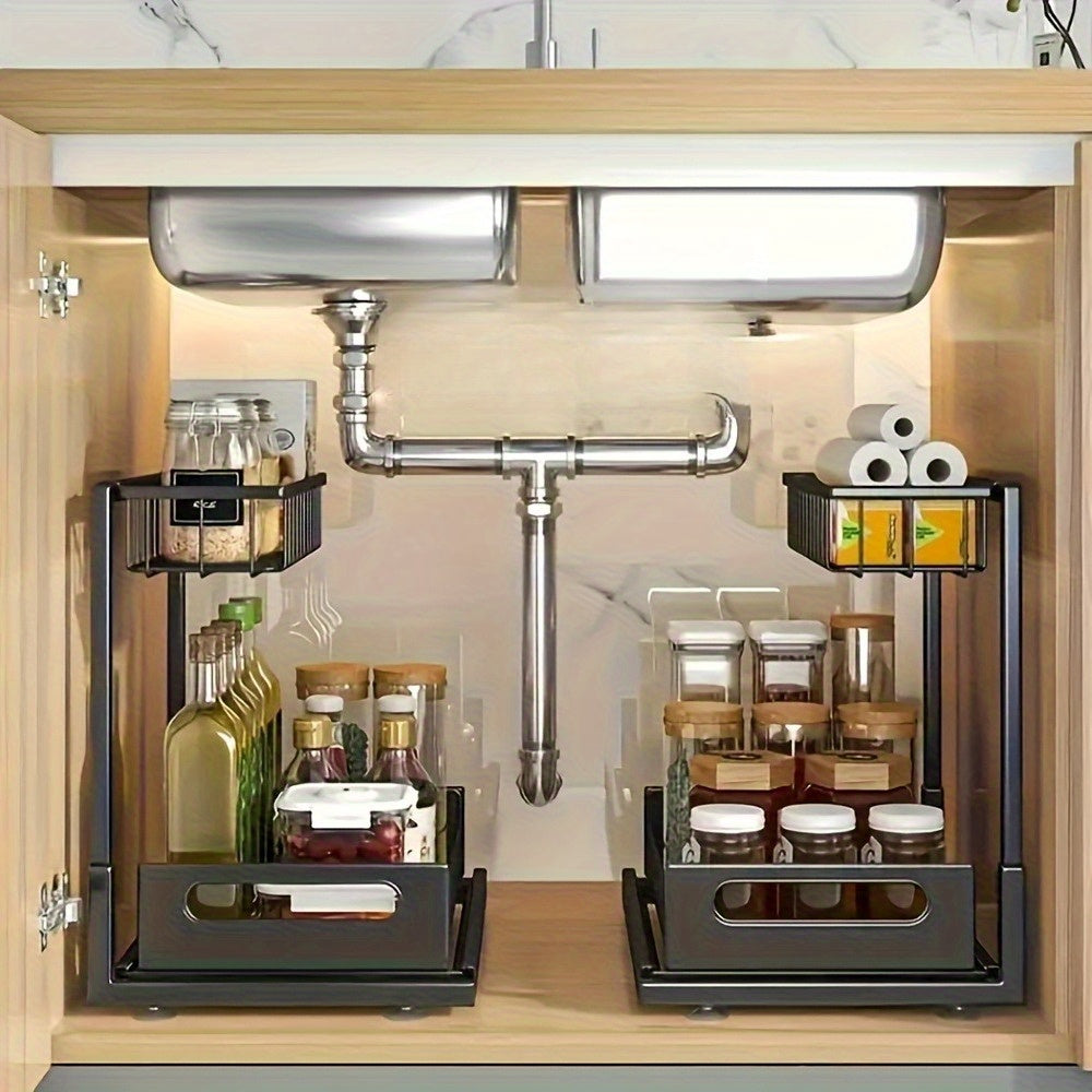 1 pz di scaffale regolabile sottolavello, un ripiano estraibile in metallo progettato per risparmiare spazio con un organizer a doppio strato per armadietti da cucina, perfetto per organizzare e smontare la zona del lavello. Questo moderno ripiano da cuci