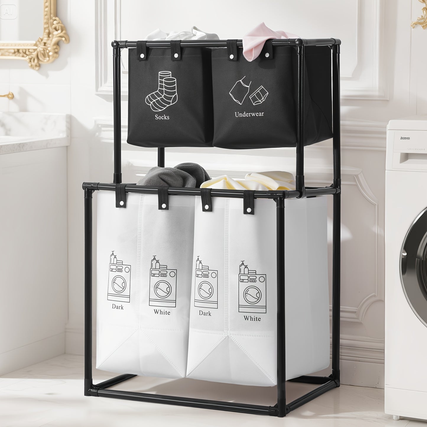 Cesto portabiancheria pieghevole a doppio strato con 4 sacche rimovibili, cestello multifunzionale salvaspazio, materiale resistente, design pieghevole, facile installazione, cesto per la biancheria, design nero moderno, adatto per camera da letto, bagno