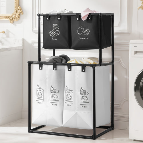 Cesto portabiancheria pieghevole a doppio strato con 4 sacche rimovibili, cestello multifunzionale salvaspazio, materiale resistente, design pieghevole, facile installazione, cesto per la biancheria, design nero moderno, adatto per camera da letto, bagno