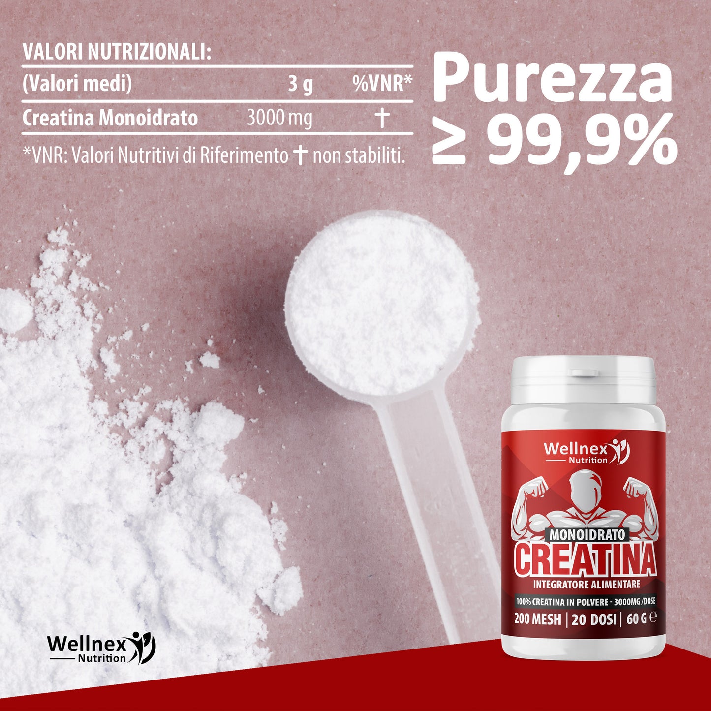 Creatina Monoidrato 3000mg / dose | 60g - 20 Dosi | Creatina in Polvere 200 Mesh | Purezza 99,9 Min. Integratore alimentare a base di Creatina