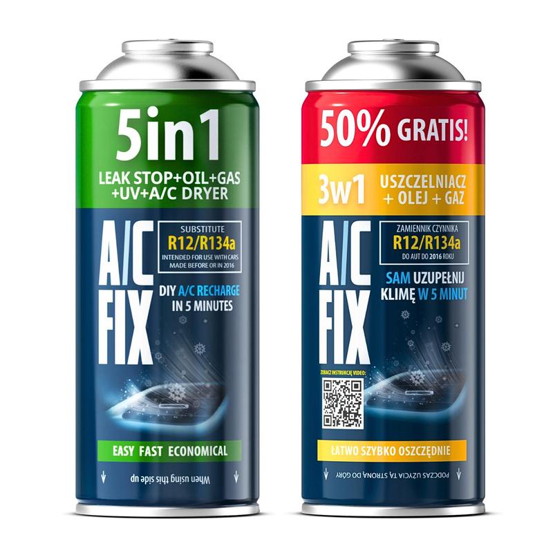 Kit 2x R134a AC FIX per Ricarica Refrigerante Climatizzatore Auto, Olio, Sigillante, Colorante UV, Essiccatore A/C, Filettatura Riutilizzabile per Bomboletta, Assistenza Fai da Te per Climatizzatore Auto, Per Veicoli Prodotti dal 1994 al 2016, Ricarica Ef