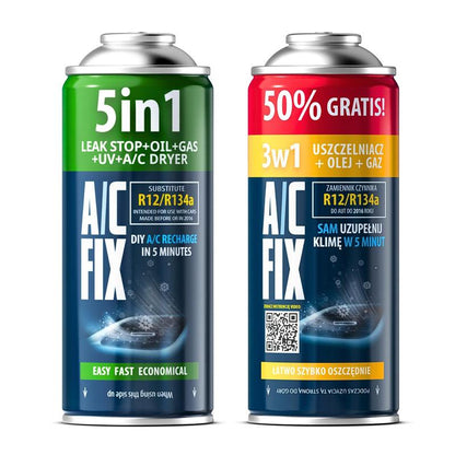 Kit 2x R134a AC FIX per Ricarica Refrigerante Climatizzatore Auto, Olio, Sigillante, Colorante UV, Essiccatore A/C, Filettatura Riutilizzabile per Bomboletta, Assistenza Fai da Te per Climatizzatore Auto, Per Veicoli Prodotti dal 1994 al 2016, Ricarica Ef