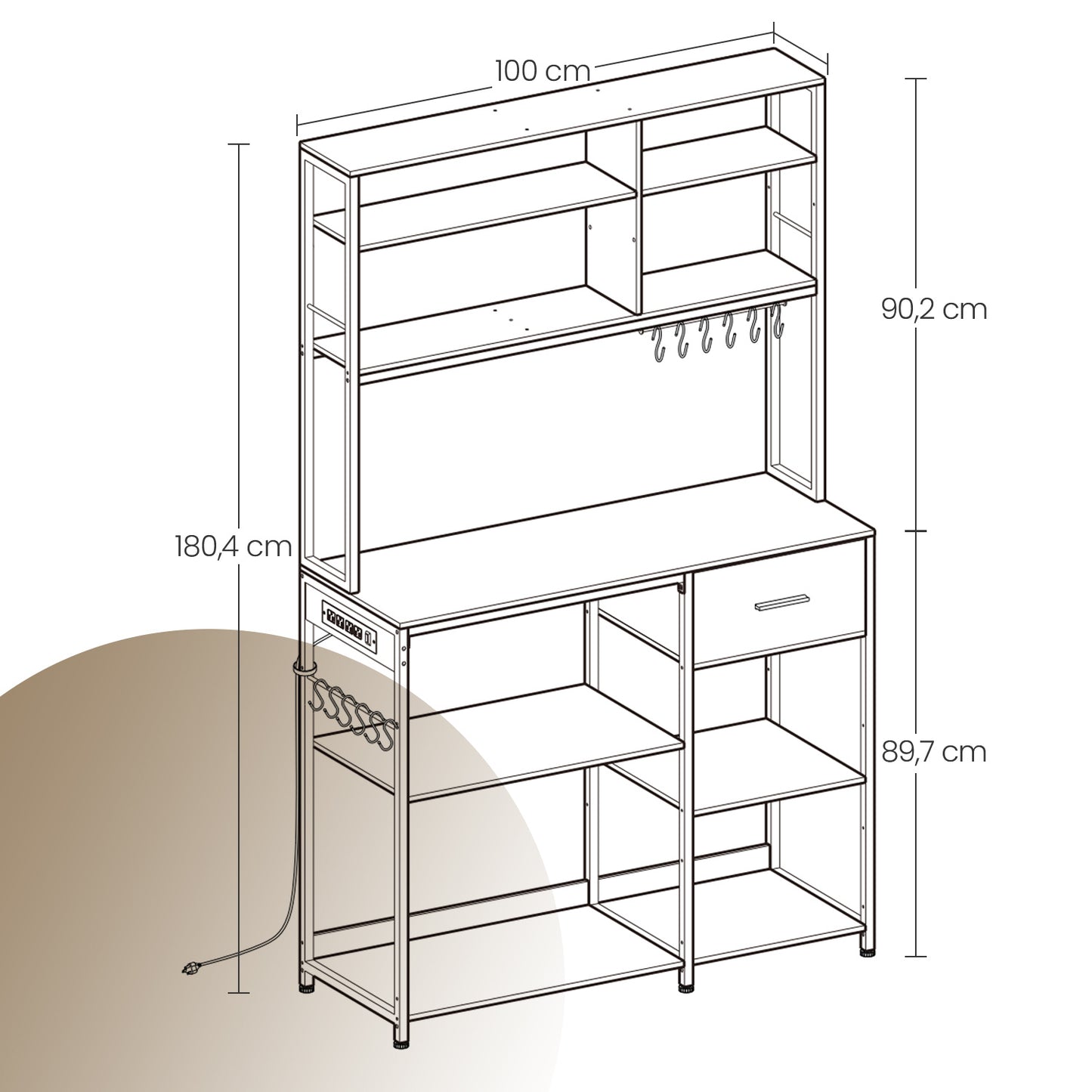Scaffale Cucina con Multipresa, Mobile Cucina con Ripiani Regolabili, Cassetto in Tessuto, 12 Ganci, 40 x 100 x 180,4 cm, Scaffale per Microonde