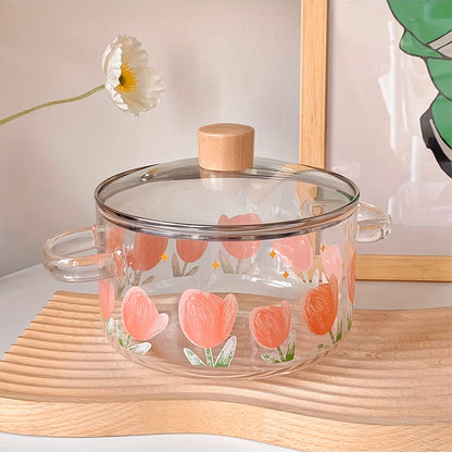 1 pezzo di pentola in vetro stampata con tulipani da 1500ml/50.7oz. Realizzata in vetro borosilicato, adatta per fornelli a gas, fornelli portatili e a cartuccia, non adatta per piastre a induzione, pentolino piccolo con doppie maniglie