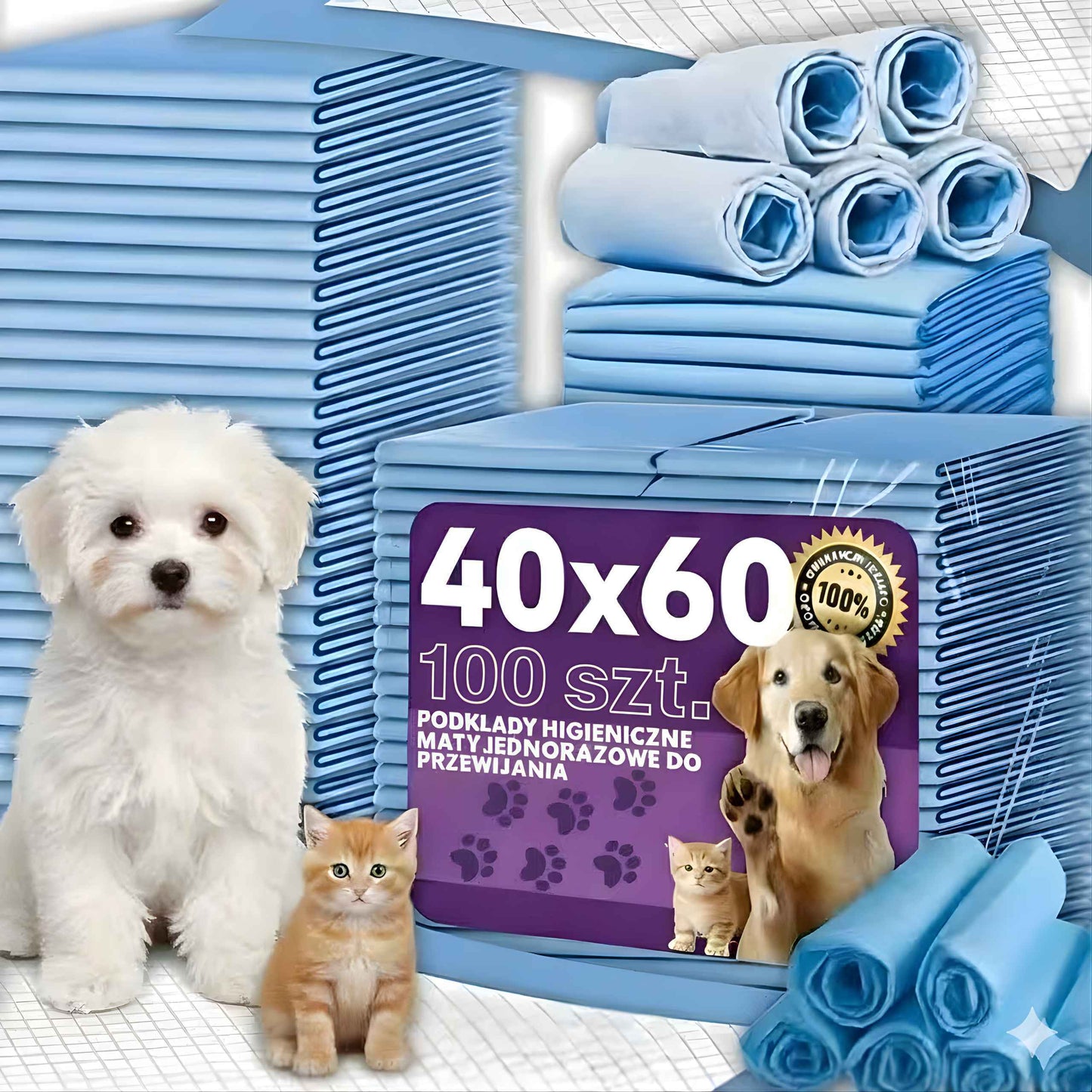 100 Pezzi Salviette Igieniche, Misura 40x60, Perfette per il Cambio del Pannolino, Cura di Anziani e Animali Domestici, Assorbenti, Alta Assorbenza, Protezione a 5 Strati, Morbide, Antigoccia, Sicure e Comode Salviette Monouso per Uso Quotidiano a Casa e
