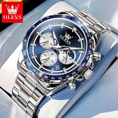OLEVS Orologi da Uomo con Quadrante Fase Lunare Acciaio Inossidabile/Cinturino in Pelle Cronografo Lusso Business Abito Analogico Quarzo Orologi da Uomo Classici Casual Eleganti Orologi da Polso Quadrante Luminoso Nero/Bianco/Blu/Verde