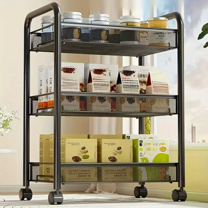 Scaffale Multifunzionale in Metallo a Tre/Quattro Livelli con Ruote, Scaffale Resistente Nero, Ideale per Garage e Cucina, Grande Capacità, Facile da Montare, Scaffale e Armadio per Cucina, Pratico e Funzionale, Perfetto per Cucina e Dispensa, Cestelli pe