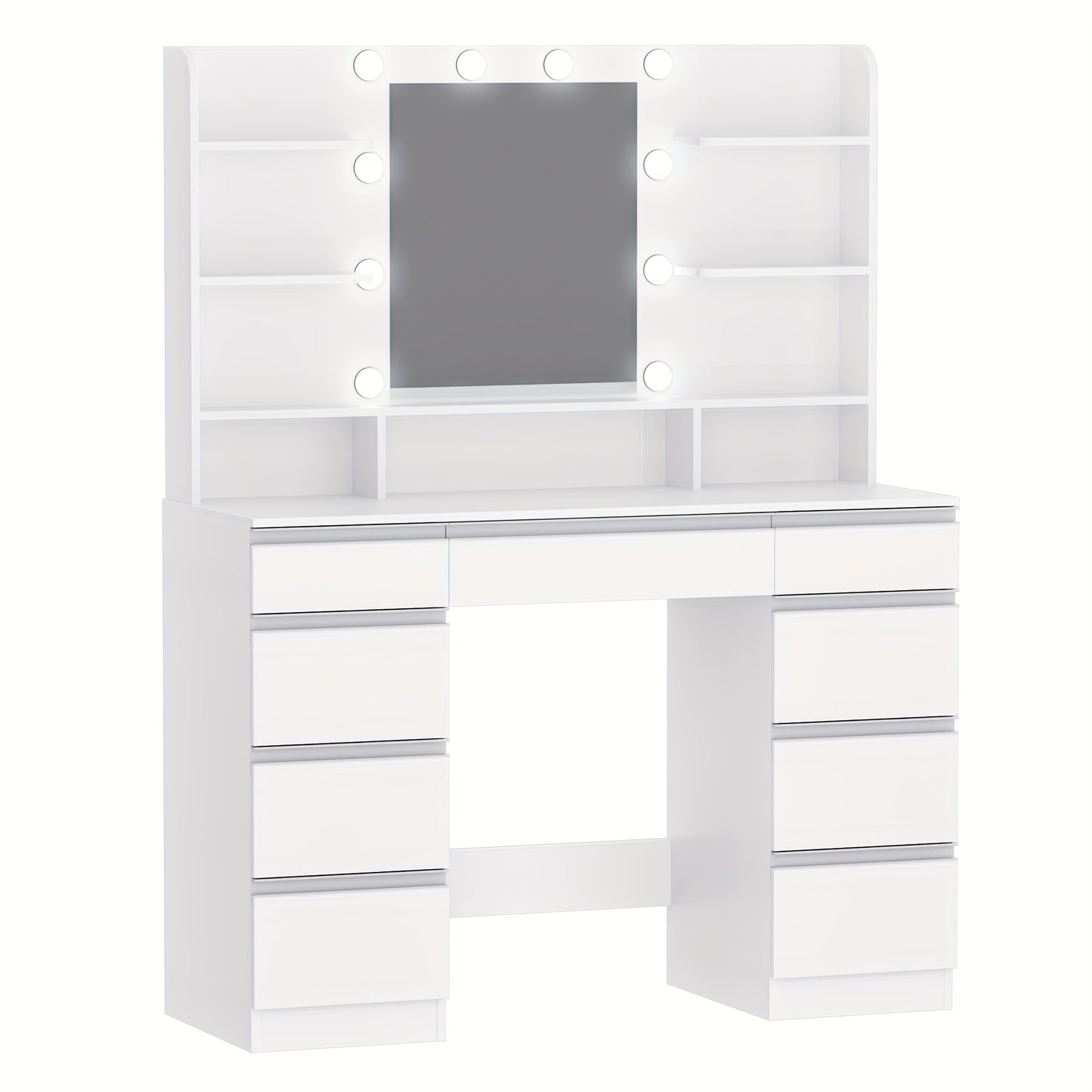 Grande Toeletta con Illuminazione LED, 10 Sfere LED, 3 Colori, Luminosità Regolabile, Toeletta con Specchio, 9 Cassetti, 9 Ripiani Aperti, Stile Moderno