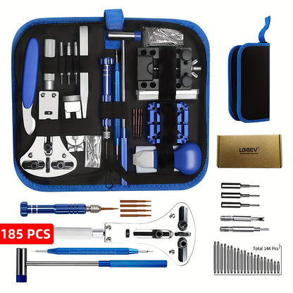LEEEV Set di riparazione orologi da 185 pezzi con strumenti per cambio batteria, regolazione e rimozione di lacci, strumenti per barre a molla per apertura cassa, chiave per rimozione retro e forniture per la pulizia dell'orologio - Fornito con una comoda