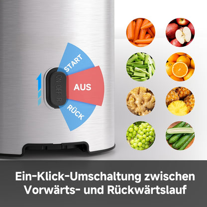 AMZCHEF Estrattore di Succo Professionale a Pressione a Freddo - Tubo di Alimentazione Extra Largo 126mm - Tecnologia a Masticazione Lenta con Funzione Inversa - per Frutta Intera, Verdure a Foglia e Ortaggi - Include 2 Bicchieri in Tritan e Spazzola per