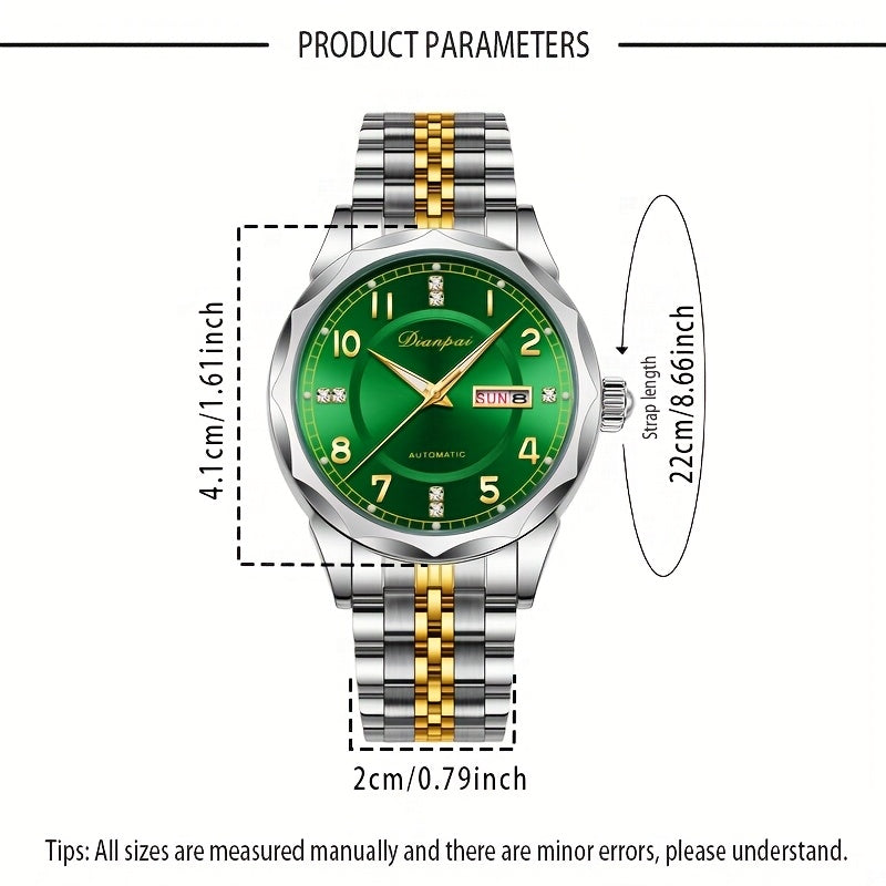 Orologio da polso meccanico automatico da uomo Dianpai - Acciaio inossidabile quadrante verde con indici dorati, indicatore della data, bracciale a catena da polso - Orologio di lusso per feste e casual, nessuna batteria richiesta, regalo ideale per lui,