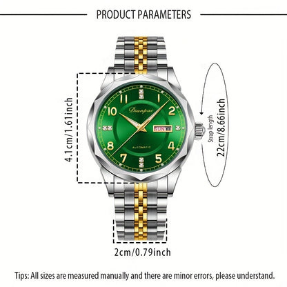 Orologio da polso meccanico automatico da uomo Dianpai - Acciaio inossidabile quadrante verde con indici dorati, indicatore della data, bracciale a catena da polso - Orologio di lusso per feste e casual, nessuna batteria richiesta, regalo ideale per lui,