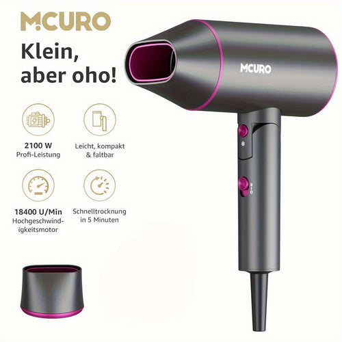 Asciugacapelli da Viaggio Pieghevole con Tecnologia a Ioni Negativi e Controllo della Temperatura - 3 Velocità/Impostazioni di Calore, Pulsante Aria Fredda, Ugello Concentratore, Motore Brushless, Styler per Capelli a Asciugatura Rapida, Tensione (Compati