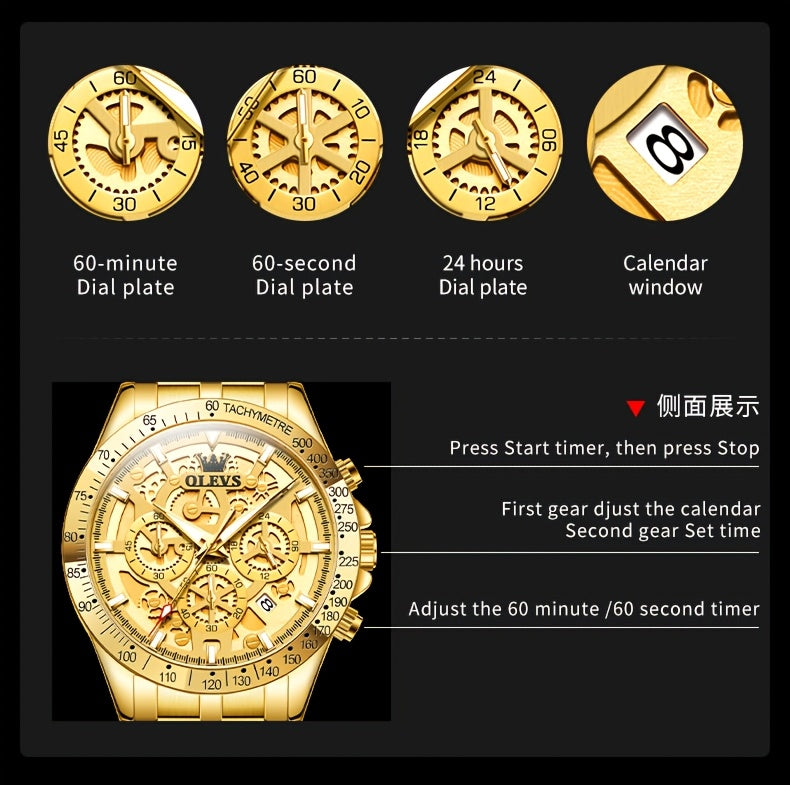 Orologio da Uomo OLEVS in Acciaio Inossidabile Orologi di Lusso Cronografo Multifunzione con Data Classico Orologio da Polso per Affari e Abbigliamento Elegante Regalo per Uomini