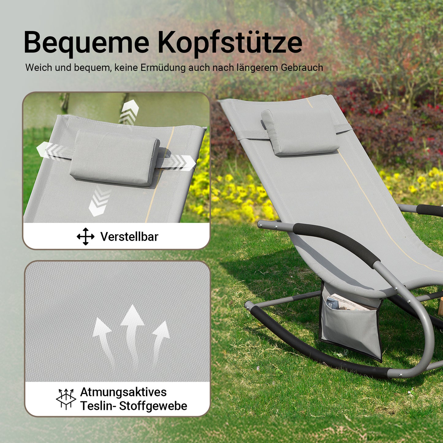 1 Pezzo Lettino Prendisole Lettino da Giardino Sdraio Relax Sedia a Dondolo da Esterno con Cuscino Poggiatesta Superficie Ergonomica Tessuto Resistente agli Agenti Atmosferici Struttura in Metallo Tasca Laterale Portata Massima 150 kg Terrazza Balcone Gia