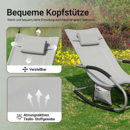 1 Pezzo Lettino Prendisole Lettino da Giardino Sdraio Relax Sedia a Dondolo da Esterno con Cuscino Poggiatesta Superficie Ergonomica Tessuto Resistente agli Agenti Atmosferici Struttura in Metallo Tasca Laterale Portata Massima 150 kg Terrazza Balcone Gia