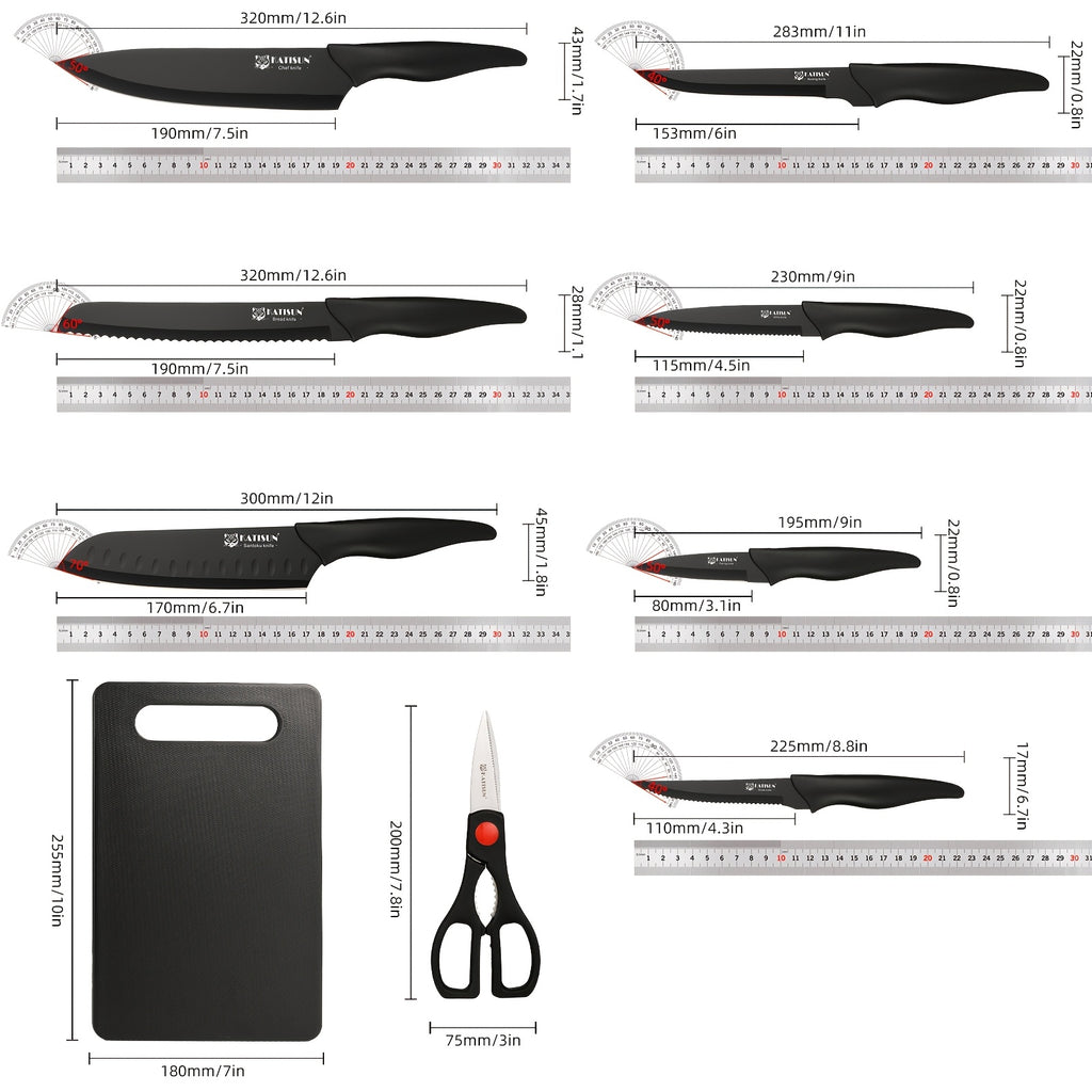 Set di 15 coltelli da cucina professionali con blocco in legno nero, manico antiscivolo in ABS per coltelli da chef, tagliere in plastica e forbici da cucina, regali di Natale e Capodanno per la cucina