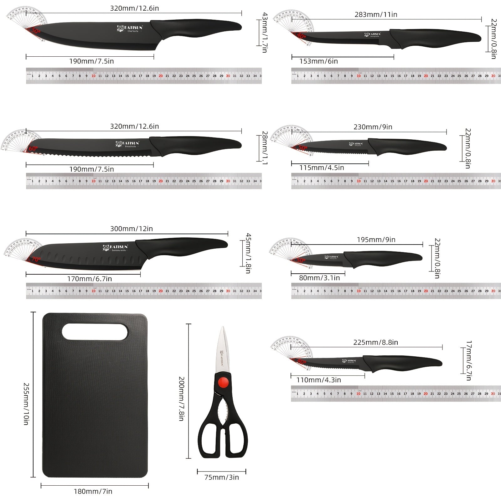 Set di 15 coltelli da cucina professionali con blocco in legno nero, manico antiscivolo in ABS per coltelli da chef, tagliere in plastica e forbici da cucina, regali di Natale e Capodanno per la cucina