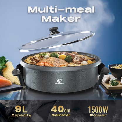 SUPERLEX 40X7Cm Padella Elettrica Multiuso | 1500W Antiaderente con Piastra in Alluminio | Base in Acciaio | Coperchio in Vetro Temperato | Termostato Regolabile | Ampia Capacità di 7L per Pizza, Feste & Cucina Familiare