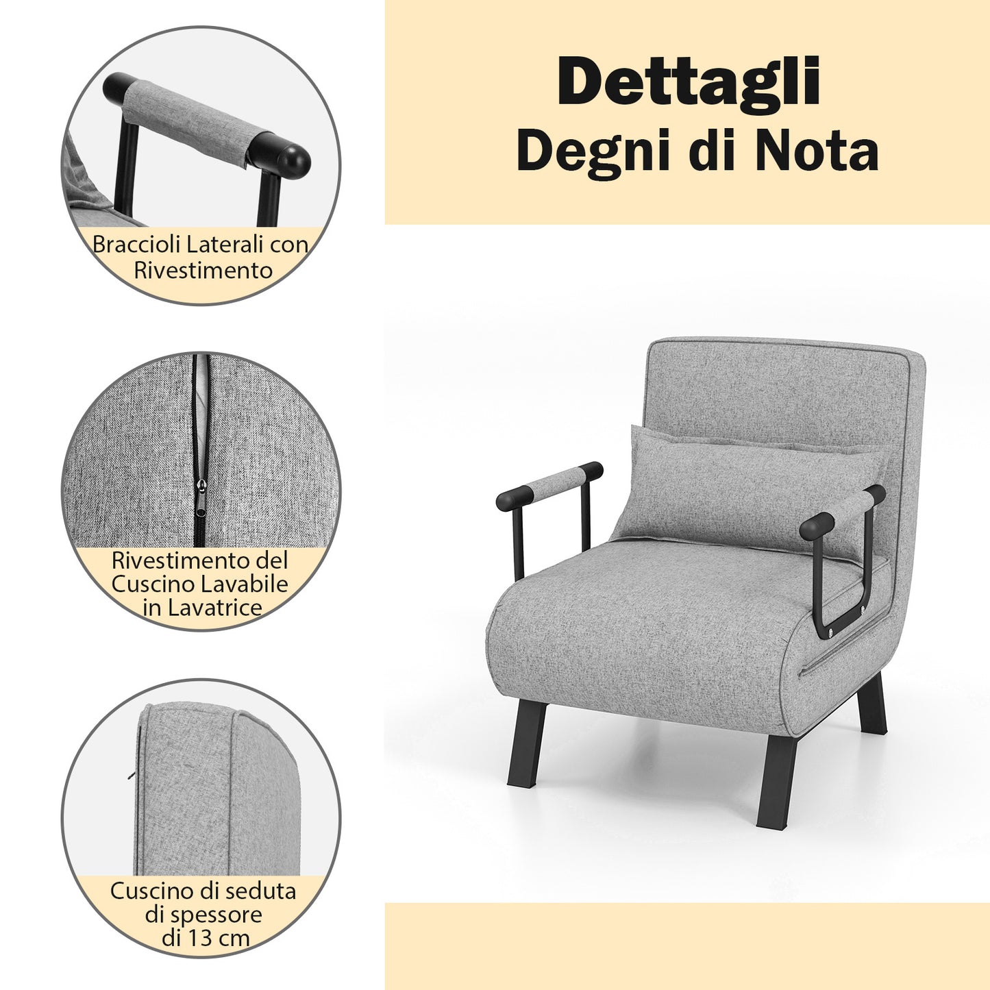 4 in 1 Poltrona Letto Singolo, Poltroncina Pieghevole con Schienale Regolabile in 6 Posizioni, Sedile Imbottito Robusto, Divano Letto per Casa Ufficio, 79x65x79 cm