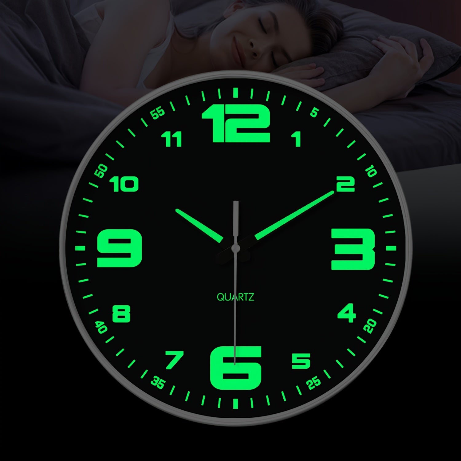 Orologio da parete silenzioso a 12 pollici con numeri che si illuminano al buio, numeri e lancette luminose che assorbono l'energia, 20,32-40,64 cm, in plastica senza ticchettio, a batteria, per soggiorno, camera da letto, ufficio, decorazioni da parete,