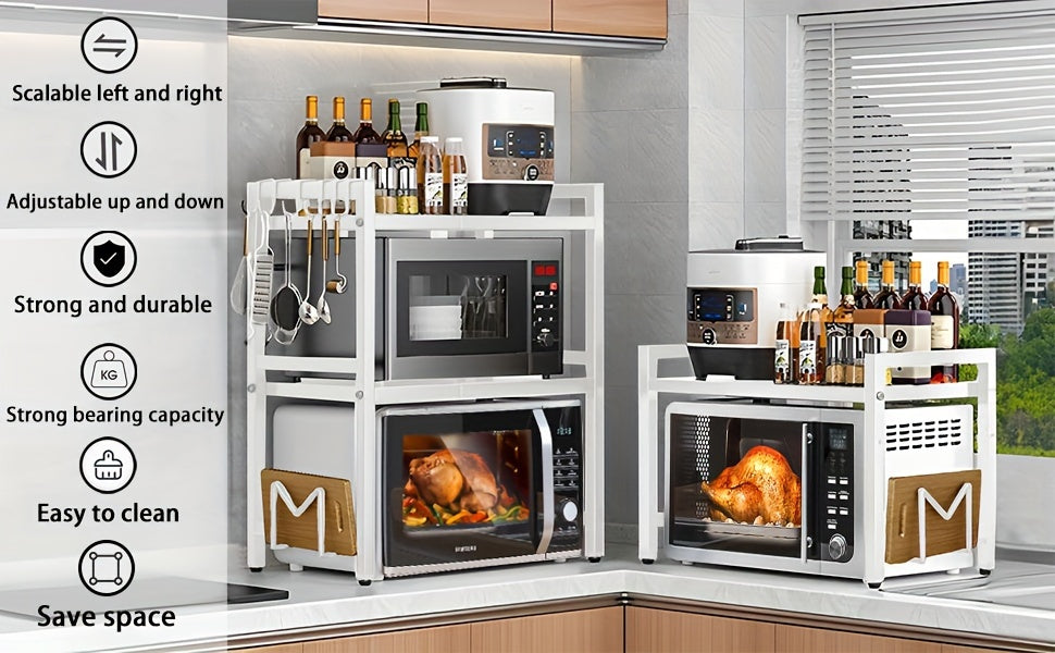 Scaffale per Microonde 3 Ripiani Estendibile con 6 Ganci, Mensola da Cucina, Porta Spezie, Organizzatore per Armadio Microonde, Nero, Estendibile da 40 a 64 cm