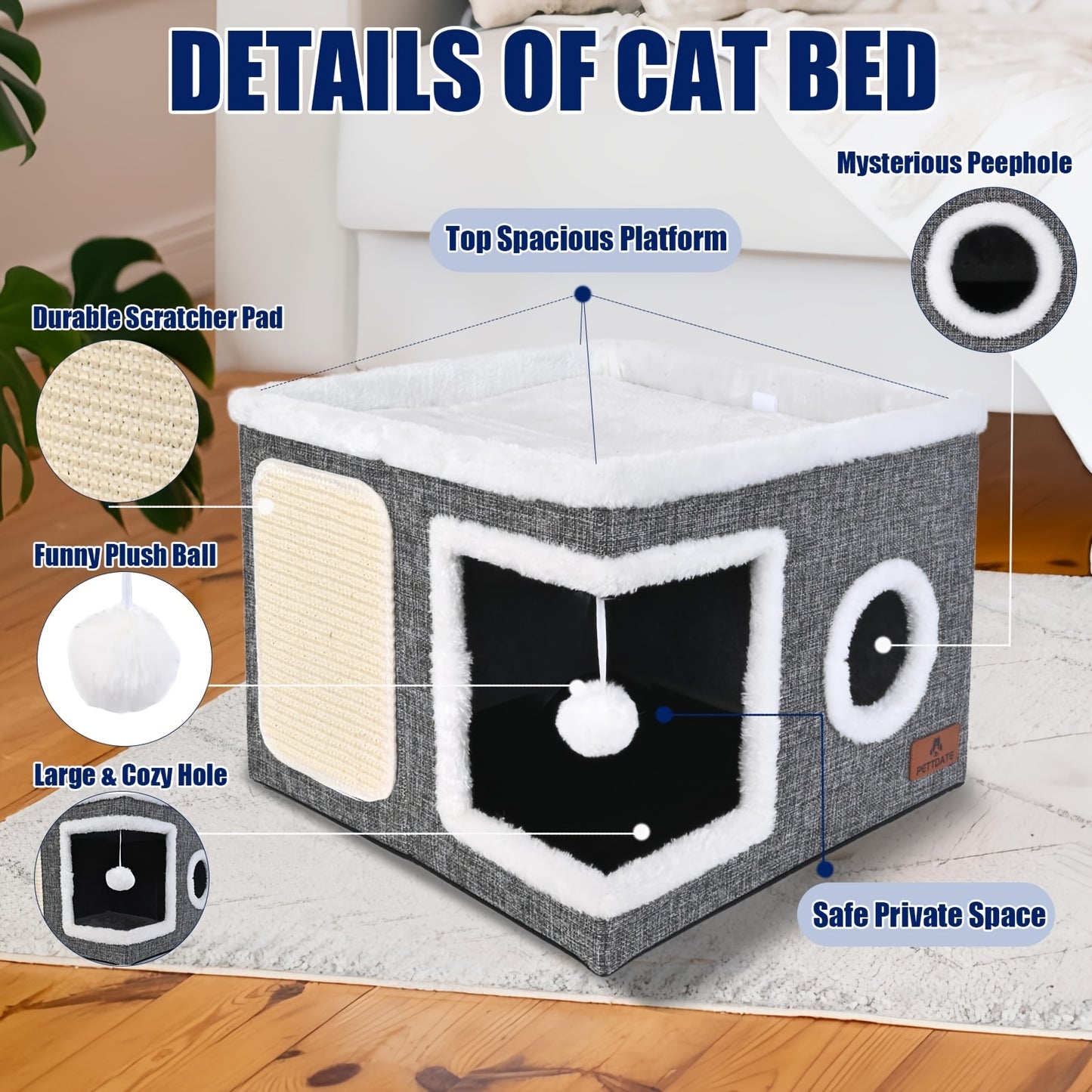 Cuccia per gatti con letti a 2 livelli, tunnel giocattolo, divano pieghevole, tiragraffi e palla sospesa in peluche - Struttura resistente in nylon, tela morbida, design chiuso per tutte le stagioni, facile da montare, cuccia a cubo per interni, unità di