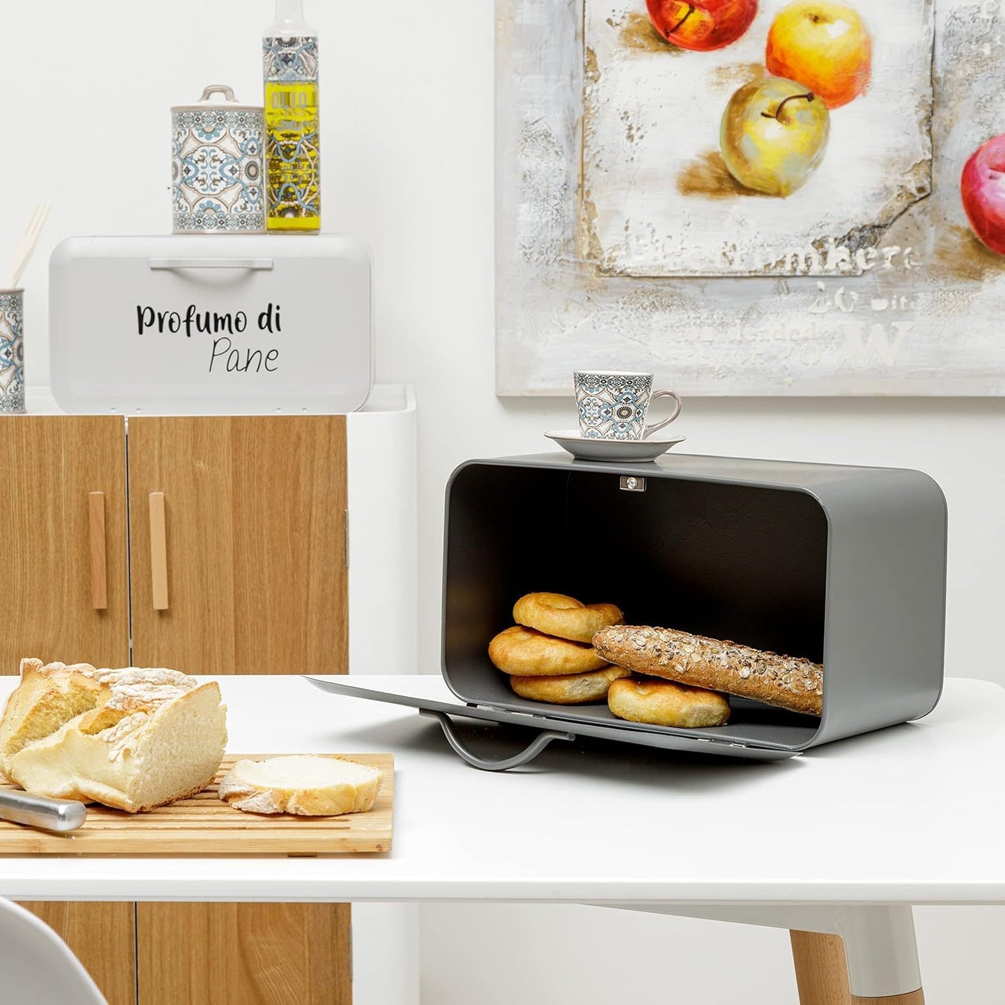 Baroni Home Portapane Grigio Antracite | Beige con Apertura Frontale e Chiusura Ermetica 34x19x17 cm, Cassetta Pane in Metallo, Scatola Contenitore per Pane e Panini Proteggi Freschezza, Anti-mosche, Ideale per Pane Fatto in Casa, Porta-Pane Design Modern