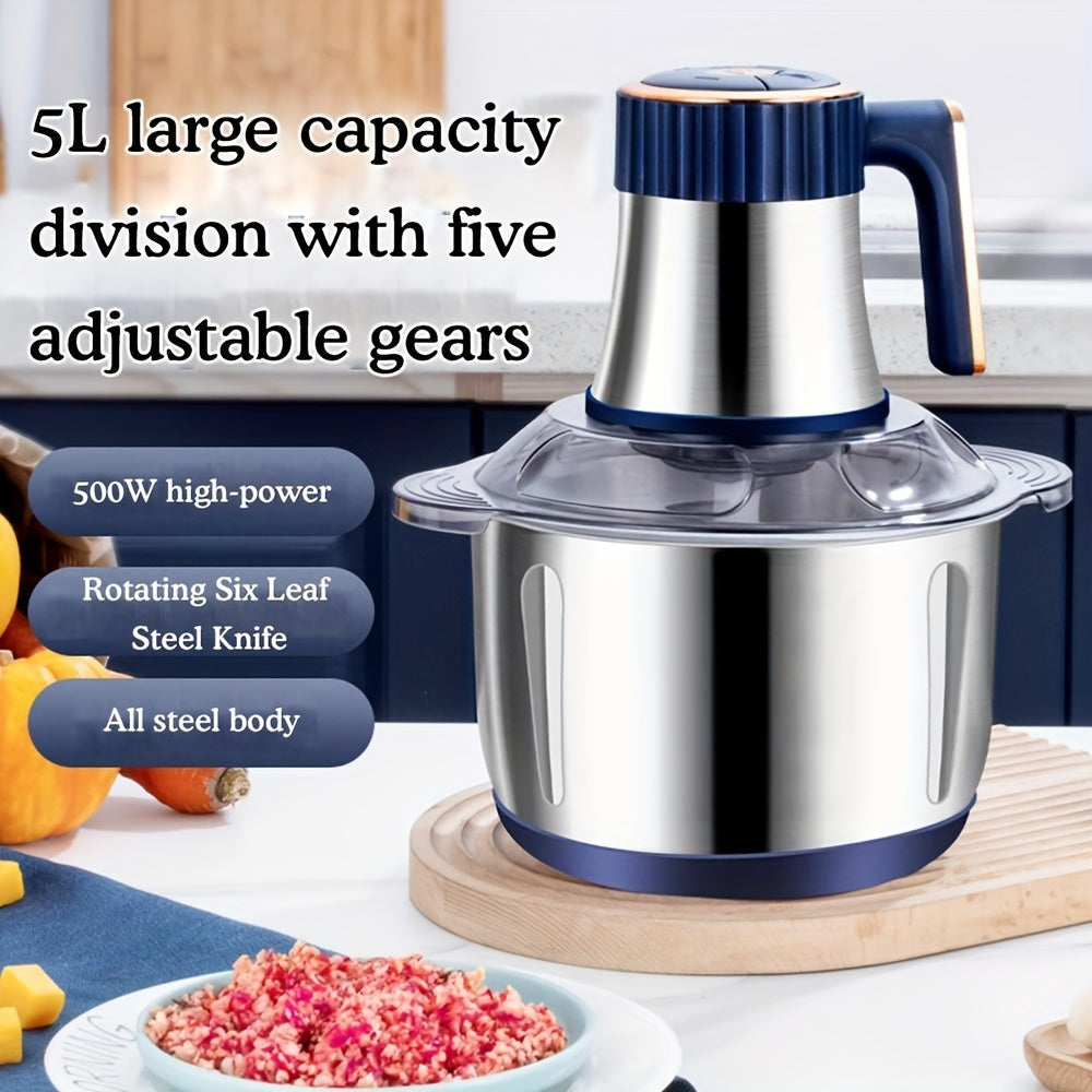 Robot da cucina in acciaio inossidabile, tritatutto, tritacarne elettrico 500W, 5L, tritacarne in acciaio inossidabile per cucina, verdure, cipolle, aglio, insalata, omogeneizzati, noci con 6 lame in acciaio inossidabile