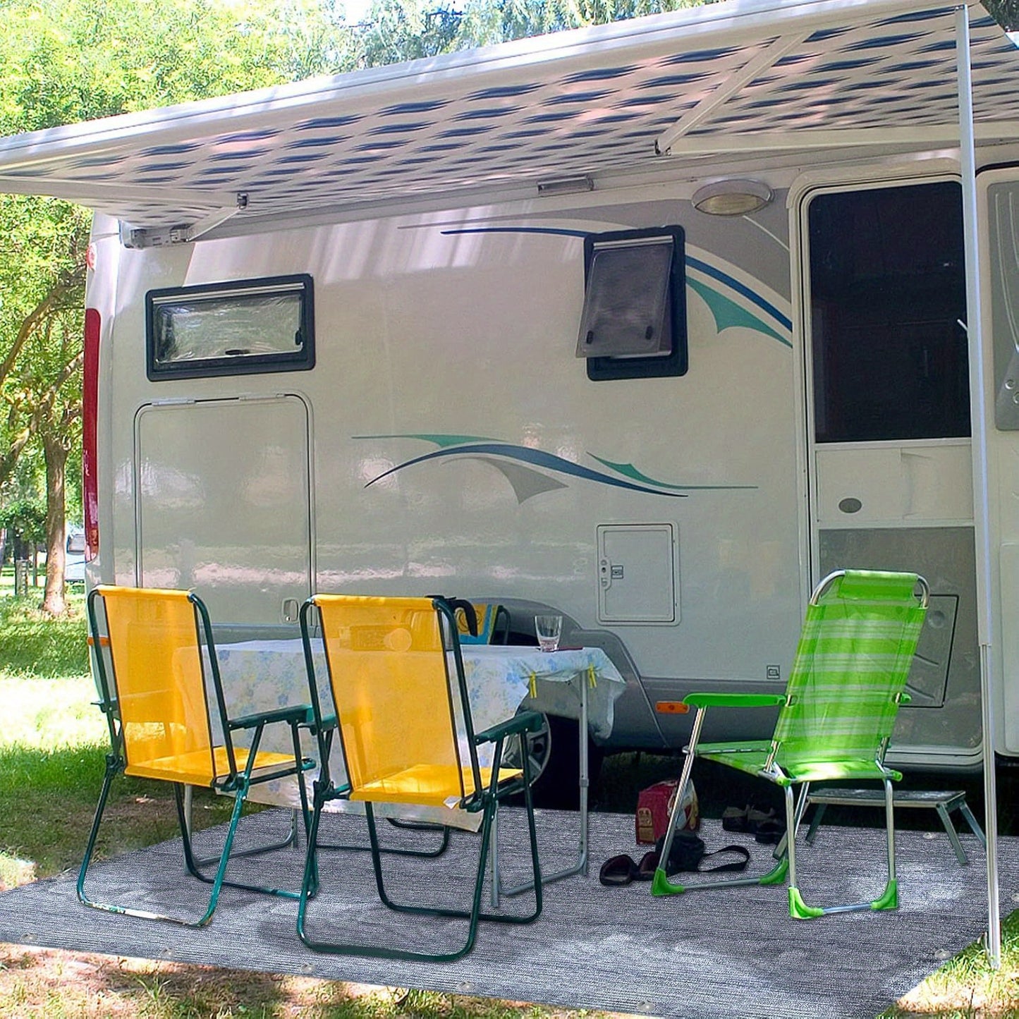Tappeto per tenda da campeggio in HDPE, set di tappeti da campeggio con borsa per il trasporto e picchetti, tappeto traspirante per tenda, pavimento antiscivolo per tenda, pavimenti pieghevoli per tende per escursioni, campeggio, picnic (grigio blu)