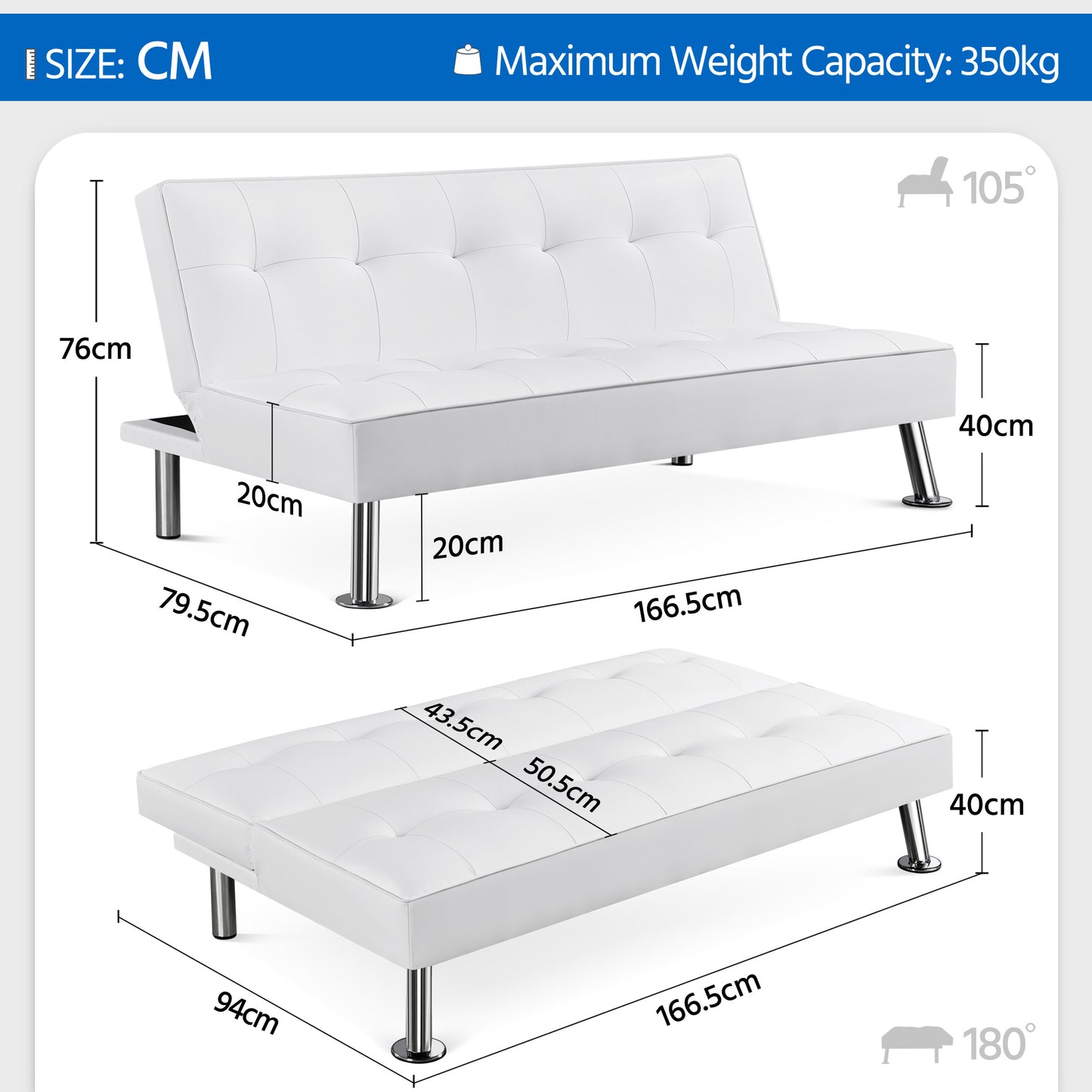 Costoffs Divano Letto a 3 Posti Divano Letto in Tessuto Imbottito con Gambe in Metallo Cromato 105° - 180° per Soggiorno Studio Ufficio Camera degli Ospiti Carico Massimo 350 kg