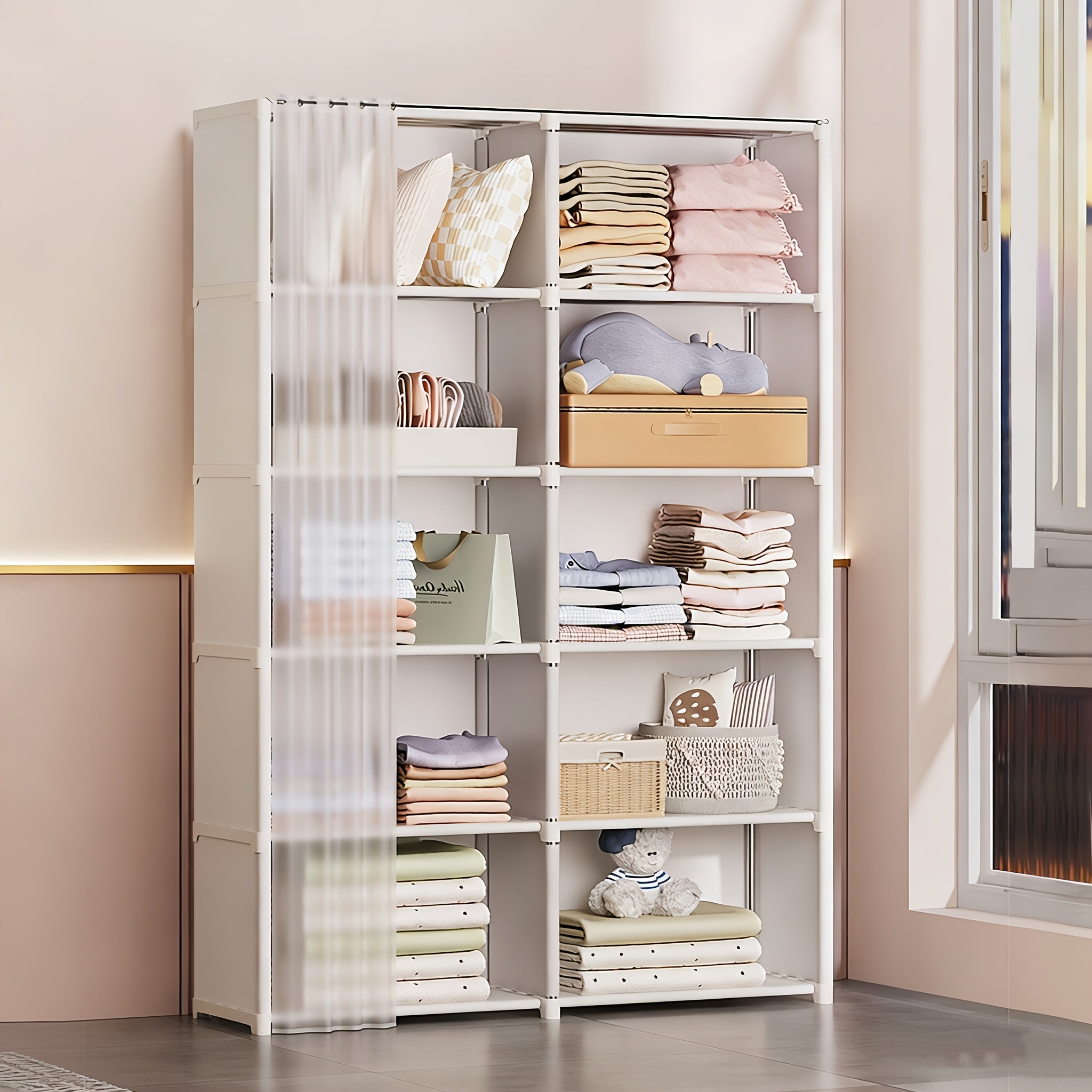 Organizzatore di Grande Capacità, Scaffale per Libri, Armadio per Abiti con Vetrina Antipolvere e Ripiani Robusti, con Ganci Pratici, Materiale Plastico, Senza Necessità di Elettricità, per Ufficio, Aula, Stanza in Affitto e Dormitorio, Armadi Portatili
