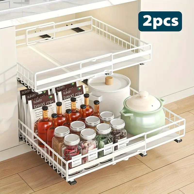Organizzatore per pensili estraibile regolabile 2 pz/1 pz, cassetti estraibili con 3 guide di scorrimento, installazione facile, larghezza regolabile, adatto per lavelli, pensili, dispense, bagno, ideale per riporre in cucina, organizzazione cucina