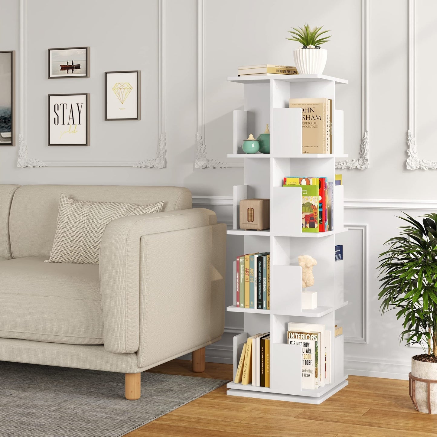 1 pz di libreria rotante, divisorio per ambienti, scaffale girevole per ufficio, scaffale decorativo, rotazione libera a 360 gradi, con 4 strati di lamina MDF, dimensioni 40X129X40 cm