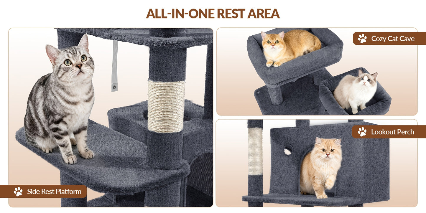 Grande Albero per Gatti, 152cm Tiragraffi, Robusto Albero per Gatti Grandi con Tiragraffi in Sisal, Tavola per Graffiare, 2 Comode Casetta per Gatti, 2 Piattaforme, Pompon, Area Riposo