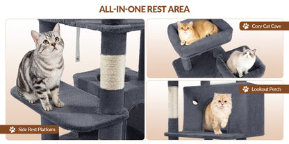 Grande Albero per Gatti, 152cm Tiragraffi, Robusto Albero per Gatti Grandi con Tiragraffi in Sisal, Tavola per Graffiare, 2 Comode Casetta per Gatti, 2 Piattaforme, Pompon, Area Riposo