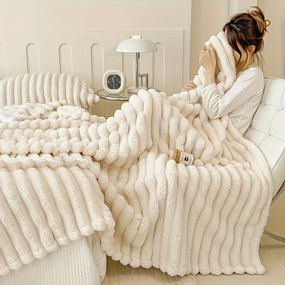Coperta 1 pz in finta pelliccia di coniglio adatta a tutte le stagioni - Copriletto termico reversibile a righe, morbido e accogliente plaid di coniglio per ufficio, campeggio - Coperta multiuso da regalo