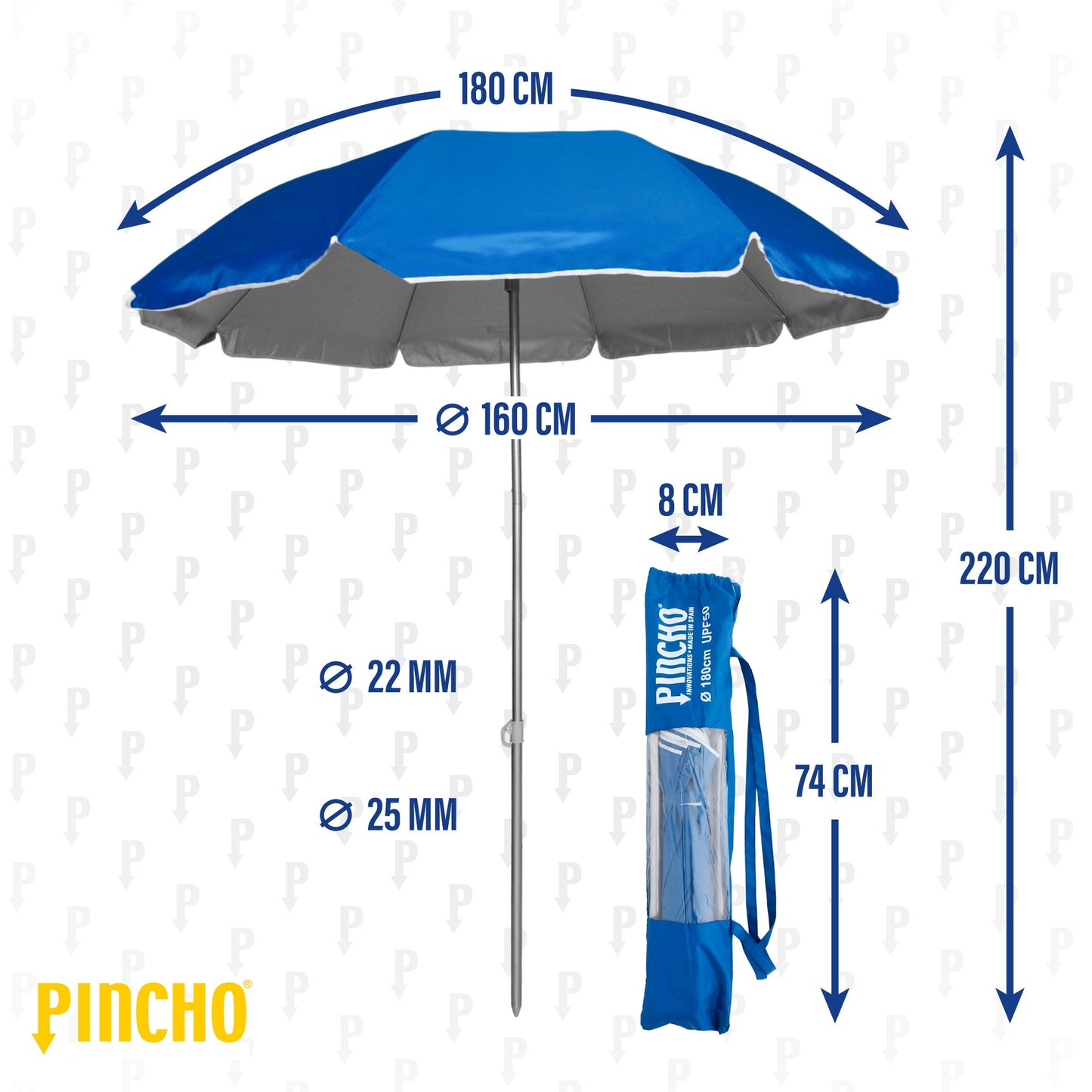 Ombrello da Spiaggia Pieghevole da 180CM, UV50+ Leggero 1,5kg, Ideale per Moto, Bici e Campeggio, Asta in Acciaio Resistente al Vento con Borsa da Trasporto