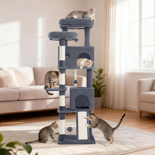 Grande Albero per Gatti, 152cm Tiragraffi, Robusto Albero per Gatti Grandi con Tiragraffi in Sisal, Tavola per Graffiare, 2 Comode Casetta per Gatti, 2 Piattaforme, Pompon, Area Riposo