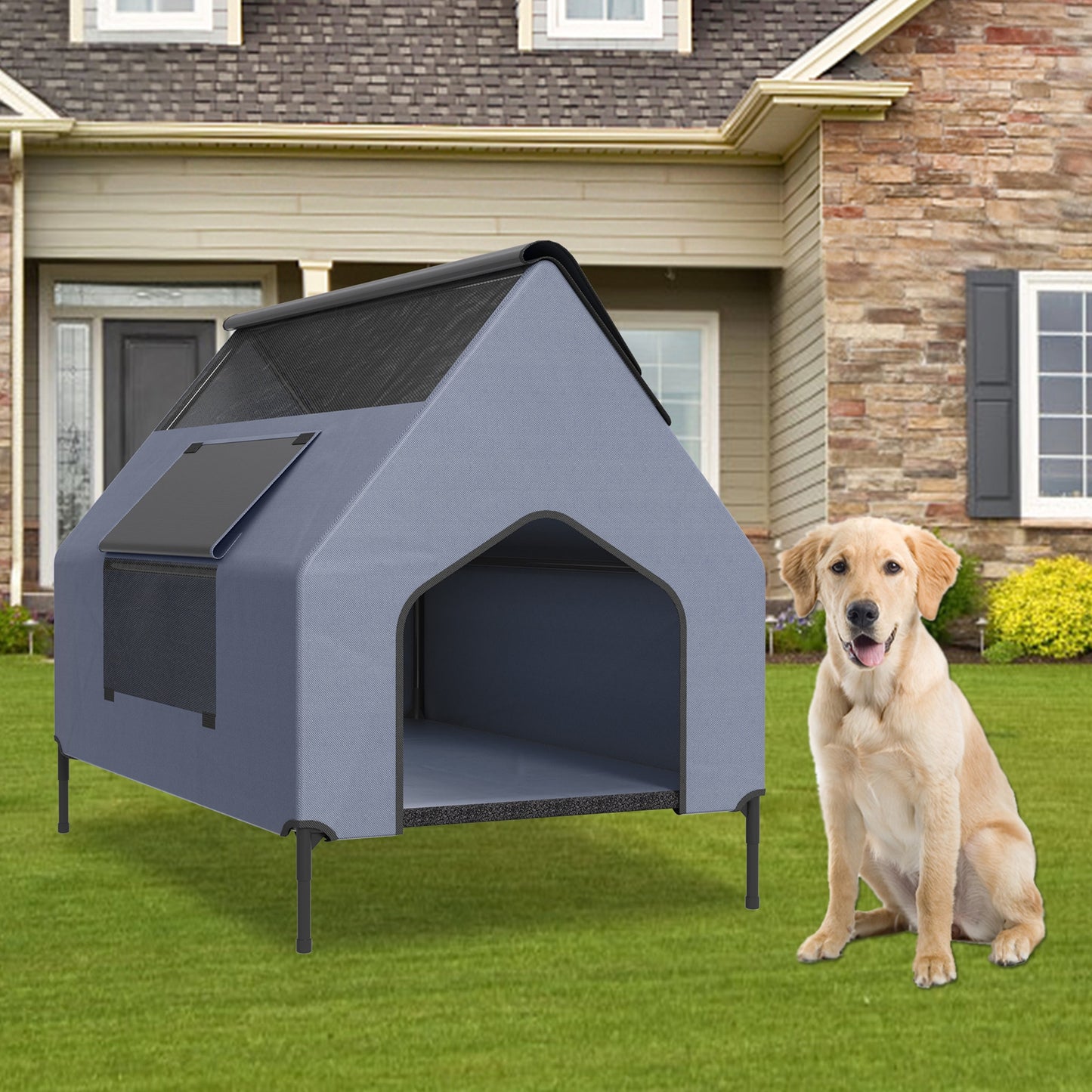 Casina per Cani Grigia con Porta e Finestra, Adatta per Uso Interno/Esterno