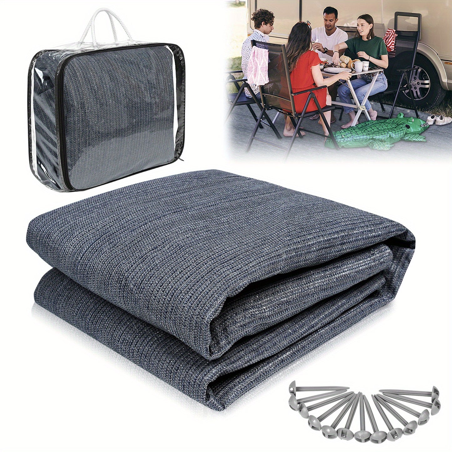Tappeto per tenda da campeggio in HDPE, set di tappeti da campeggio con borsa per il trasporto e picchetti, tappeto traspirante per tenda, pavimento antiscivolo per tenda, pavimenti pieghevoli per tende per escursioni, campeggio, picnic (grigio blu)