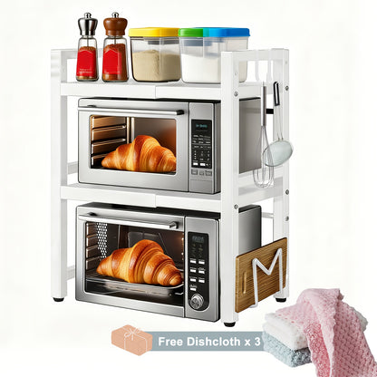 Scaffale Espandibile per Microonde a 2/3 Livelli con 2 Ganci, Porta Tagliere e 3 Asciugamani. Larghezza Regolabile da 40cm a 64cm, Altezza Regolabile. Adatto per Cucine, Studi e Uffici (Nero, Bianco)