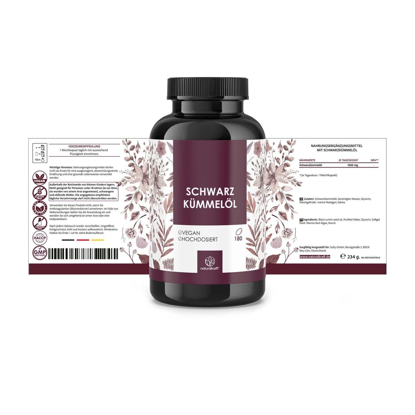 NATURALKRAFT® Capsule Premium di Olio di Comino Nero – 180 Capsule Vegane per 6 Mesi, Dose Giornaliera di 1000 mg per Capsula, Spremitura a Freddo, Naturale, Testato in Laboratorio, Qualità Marchio Tedesco