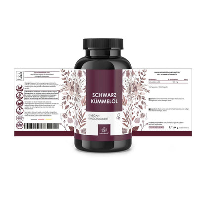 NATURALKRAFT® Capsule Premium di Olio di Comino Nero – 180 Capsule Vegane per 6 Mesi, Dose Giornaliera di 1000 mg per Capsula, Spremitura a Freddo, Naturale, Testato in Laboratorio, Qualità Marchio Tedesco