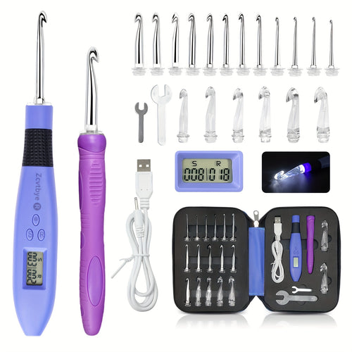 Kit per Uncinetti da 18 in 1 con Contatore e Luce LED, Chiave Grande/Piccola, Manico di Ricambio e Borsa Portautensili, Ideale per Maglia a Uncinetto e Aro